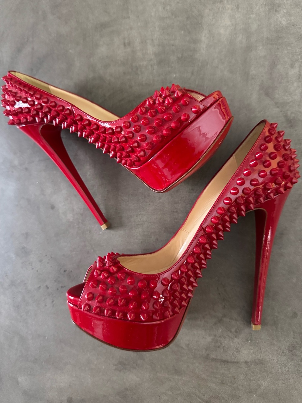 Christian Louboutin Lady Peep Spikes 150 Red Patent Pumps | 37.5